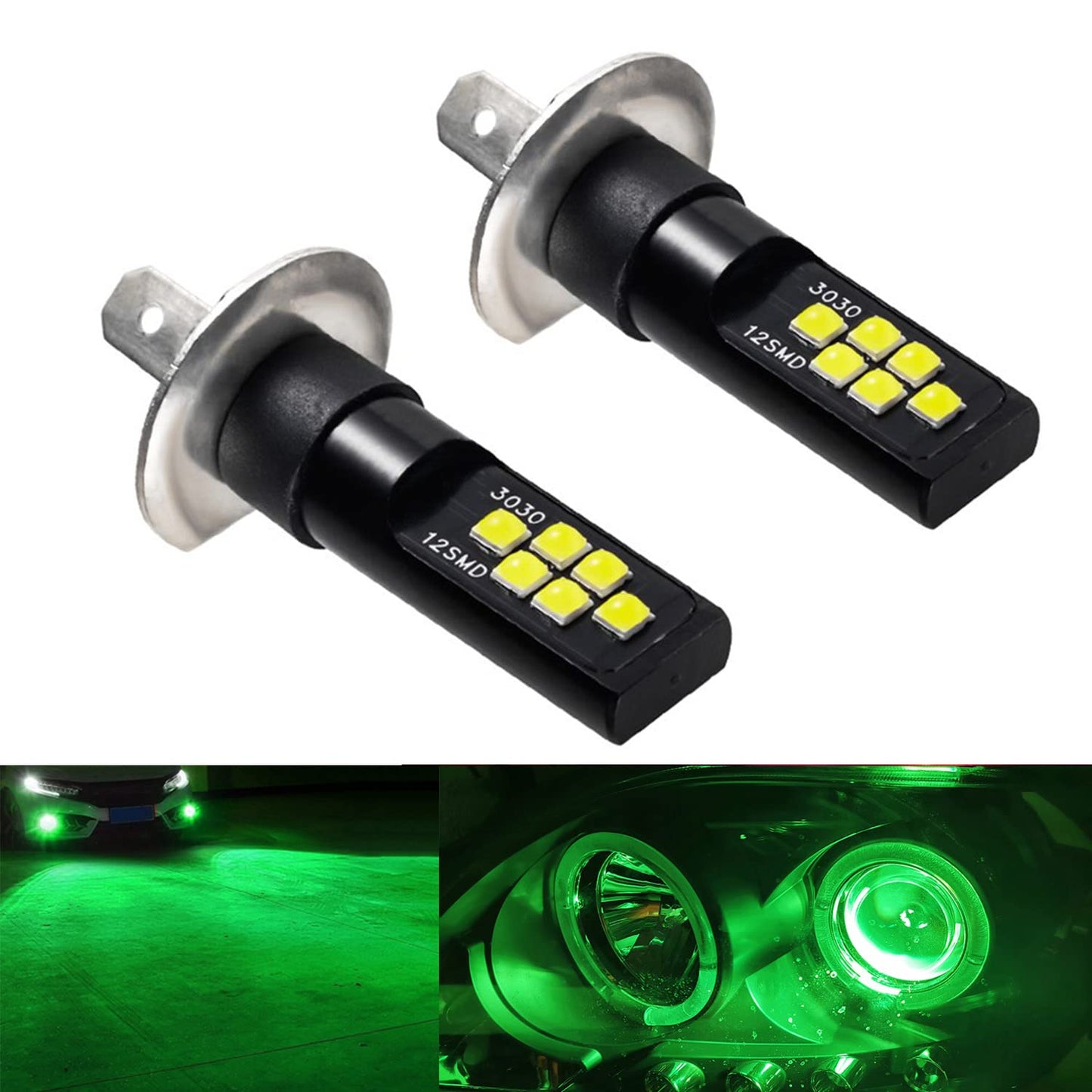 SOCAL-LED LIGHTING H1 LED Fog Light Bulb, Green, 3030 SMD, Daytime Running DRL Lamp, Alloy/Aluminum/Plastic