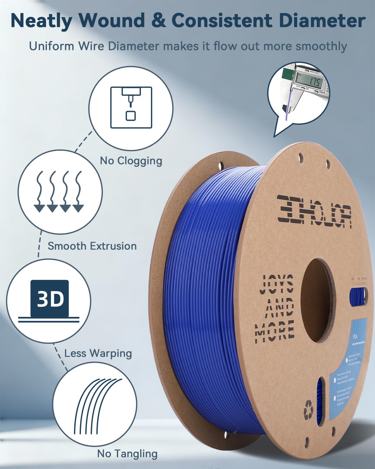 3DHoJor PLA Filament 1.75mm,3D Printer Filament,1kg Cardboard Spool (2.2lbs),Dimensional Accuracy +/- 0.03 mm,Vacuum Packaging,Odor Free, Clog Free,Fit Most 3D FDM Printer,Blue