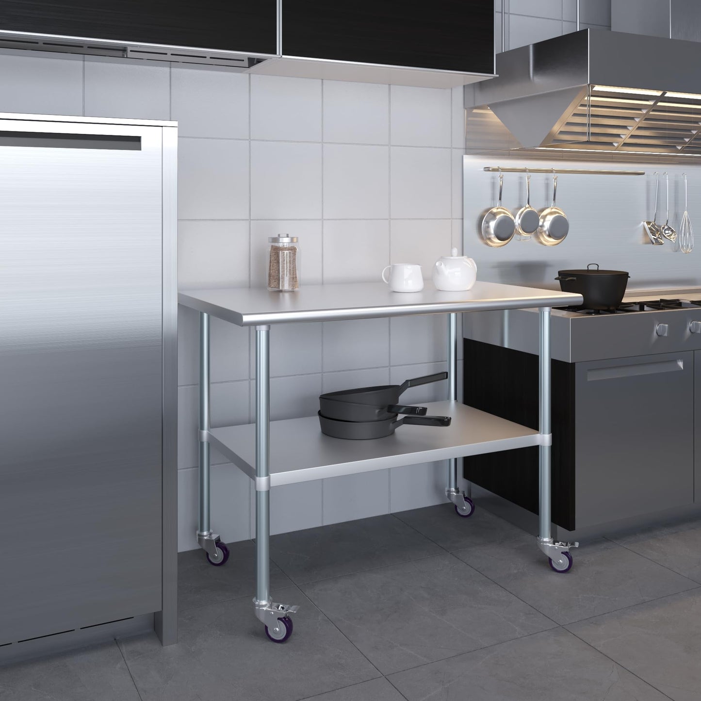 AmGood 30 in. x 48 in. Stainless Steel Work Table with Wheels | Metal Kitchen Food Prep Table | NSF