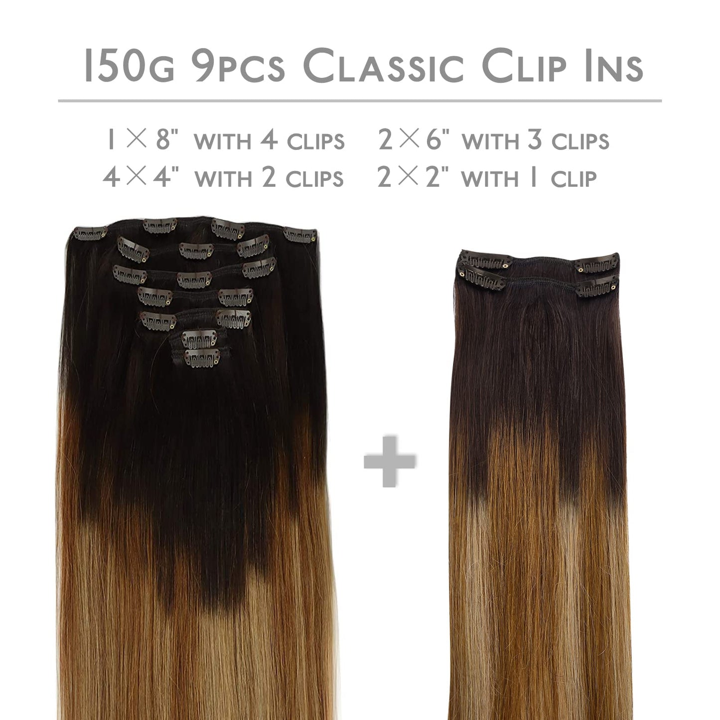 WENNALIFE Clip in Hair Extensions, 150g 16 Inch 9pcs Highlight Dark Brown to Chestnut Brown and Dirty Blonde Human Hair Extensio