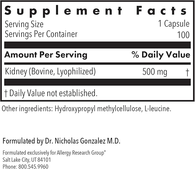 Allergy Research Group Kidney Beef Supplement - Natural Glandular, Freeze-Dried, Bovine, Lyophilized, Beef Organ, Vegetarian Capsules - 100 Count