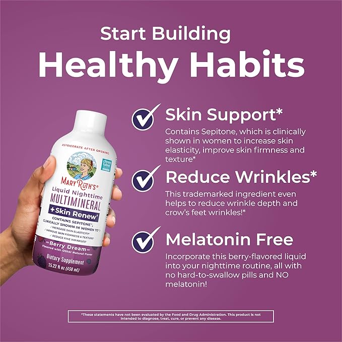 Liquid Nighttime Liquid Multimineral + Skin Renew for Women | Sleep Supplement | Reduce Fine Wrinkles | Improve Skin Firmness | Sugar Free | Magnesium | NO Melatonin | Vegan | 15 Servings