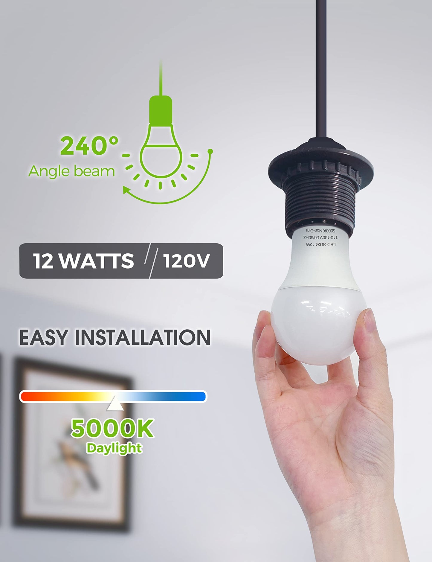 L Lohas Gu24 Base Led Light Bulb, 12W (75W-100W Equivalent), 1200 Lumen, 5000K Daylight White, Non-Dimmable,