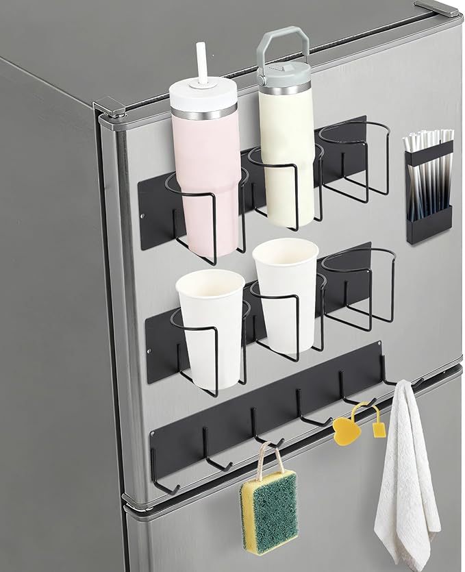 Garvee 4-Pack Magnetic Stanley Cup Holder for Fridge, Premium Carbon Steel Tumbler Organizer, Space-Saving Cup Holder & Lid Organizer for Kitchen Cabinet Storage (35 * 10.5 * 9.5cm)