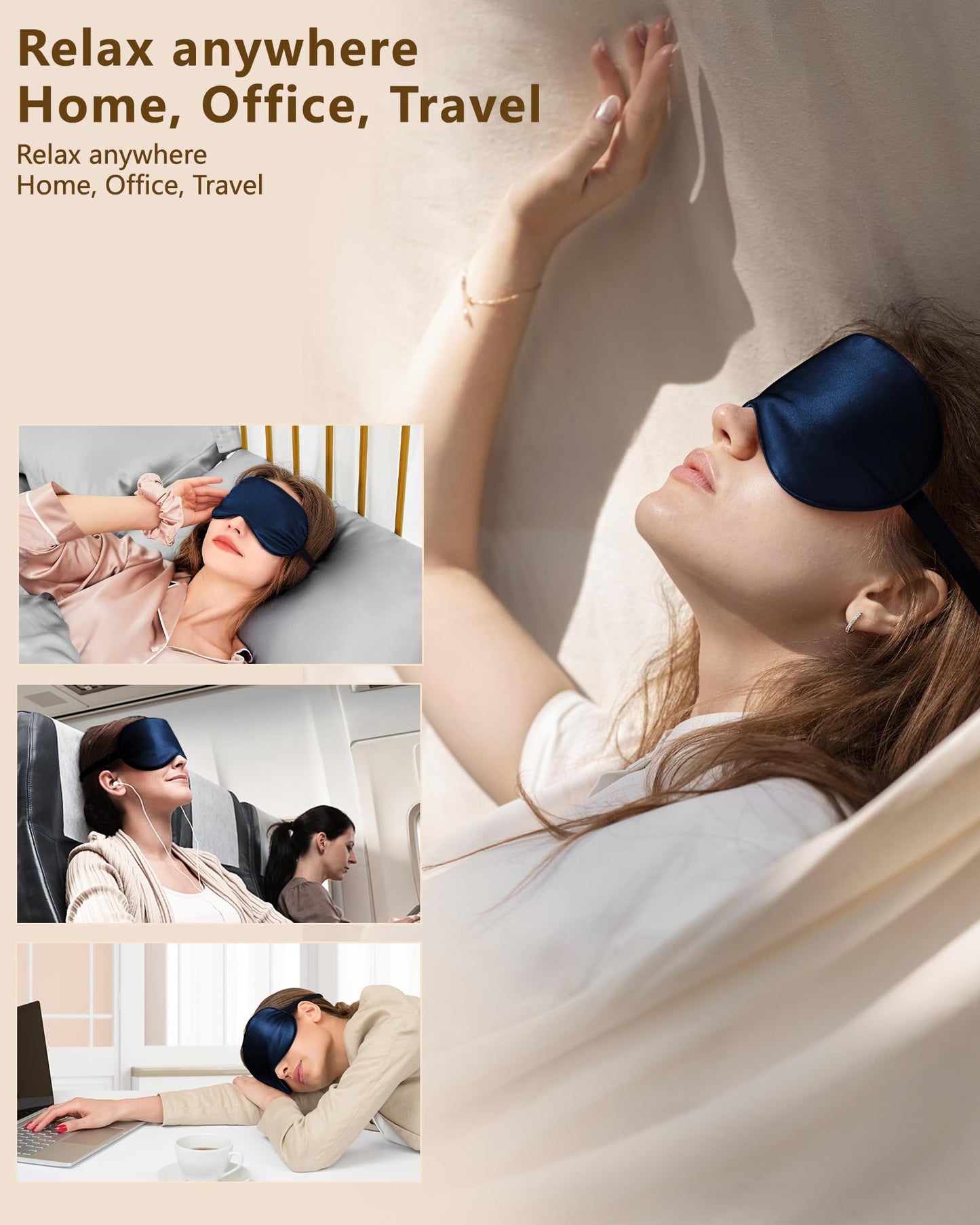 BLSSNZ Silk Eye Mask for Sleeping - Soft Breathable Organic Natural Mulberry Silk Fabric Blackout Sleep Mask with Adjustable Straps No Pressure Eye Mask for Travel Essentials Gifts (Navy Blue)