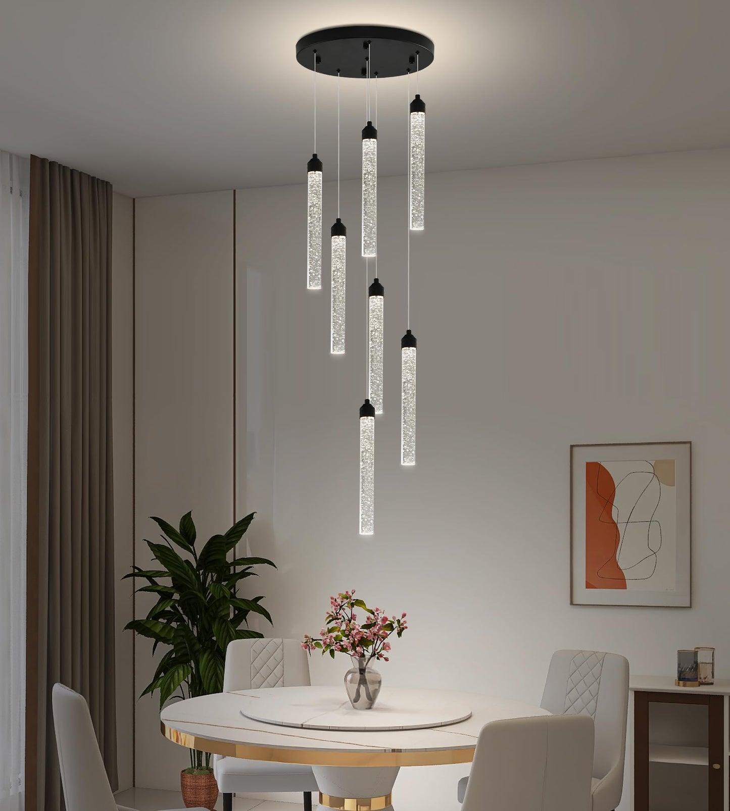7-Lights High Ceiling Crystal Staircase Chandelier Black Pendant Lights Modern Spiral Raindrop Dimmable Led Bubble Cluster Ceiling Hanging Lighting Fixture For Foyer Living Room Remote Control