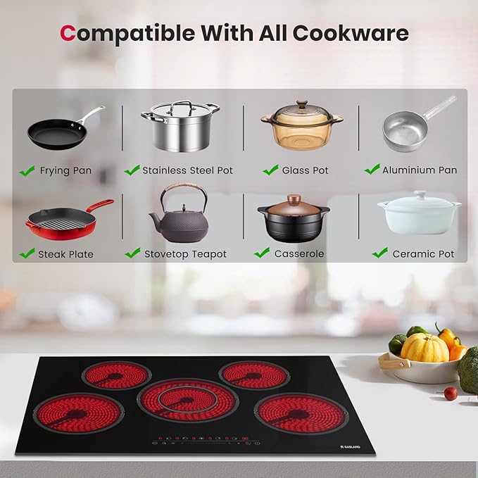 GASLAND 30 Inch Electric Cooktop 5 Burners, 8200W Built-in Radiant Glass Stove Top, 220-240V Electric Ceramic Cooktop with 9 Power Levels, Slide Touch Control, Child Safety Lock &Timer, Hard Wire