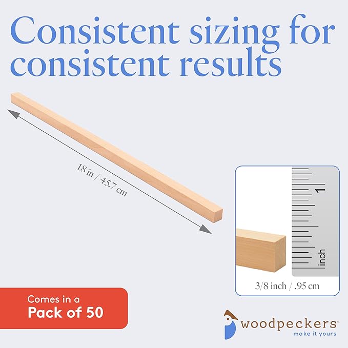 Wood Square Dowel Rods, 3/8-inch x 18-inch, Pack of 50 Wooden Craft Sticks for Crafts and Woodworking, by Woodpeckers