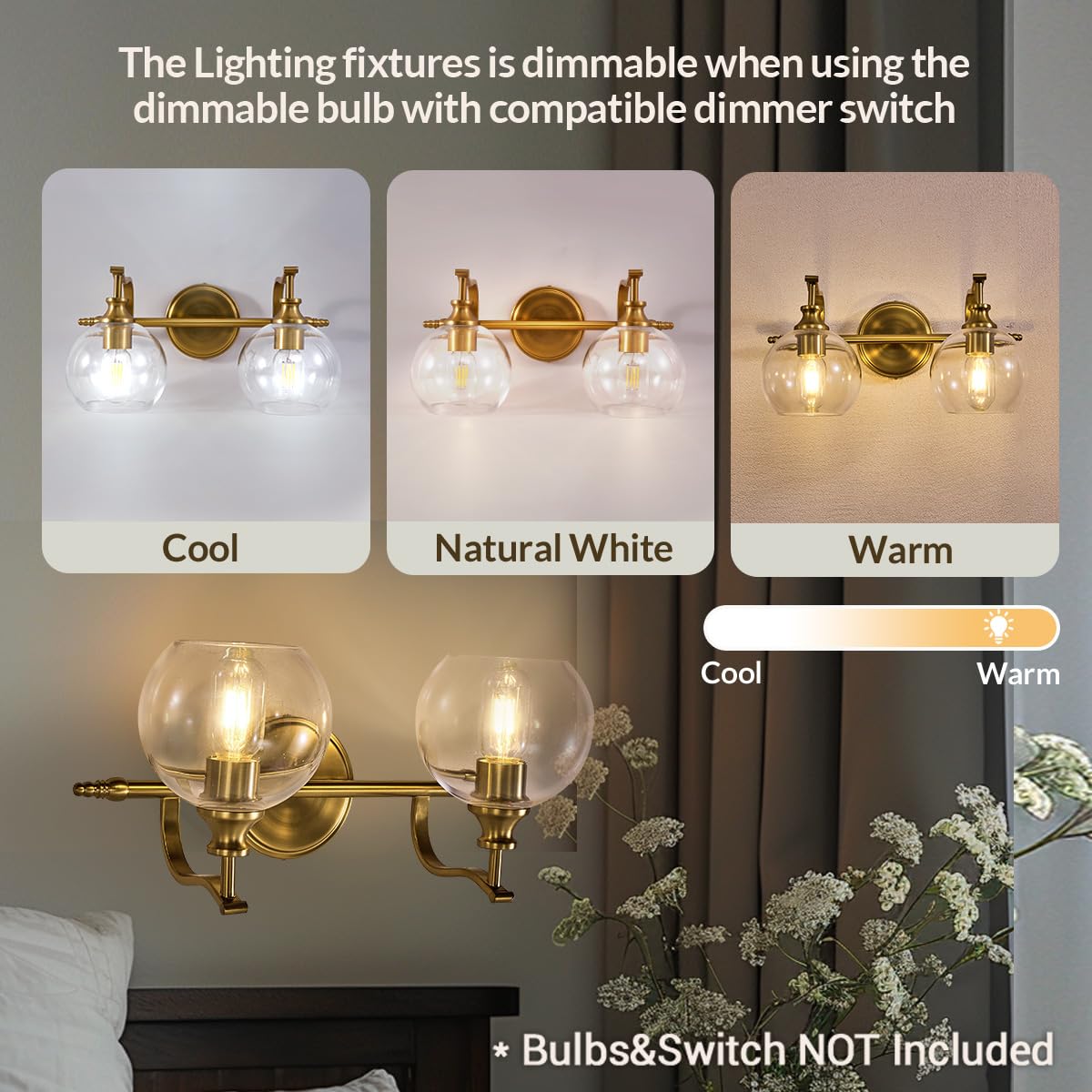 Andy Star 2 Light Bathroom Vanity Light  Brushed Gold Bathroom Light Fixtures  Wall Lighting With Clear Globe Glass Shades  Brass Wall Sconce For Living Room  Bedroom  Hallway