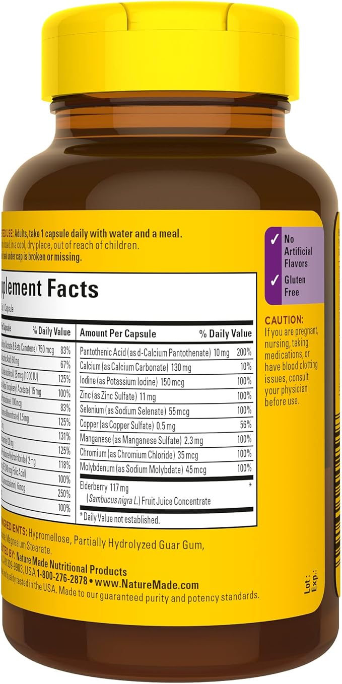 Nature Made Multi + Elderberry Capsules, Multivitamin for Daily Immune Support, One Per Day Multivitamin, 60 Count