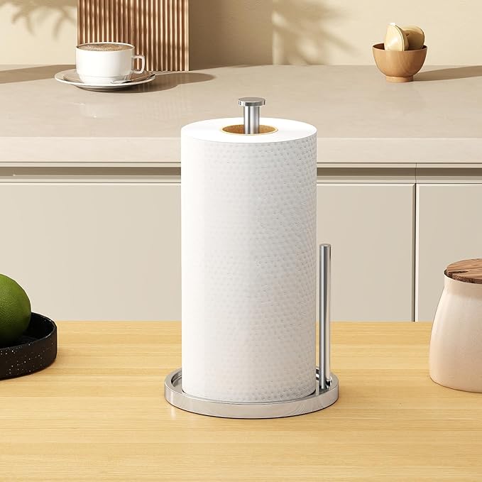 Paper Towel Holder Countertop, Standing Paper Roll Holder with Anti Slip Weighted Base, Stainless Steel Freestanding Paper Towel Holder for Kitchen, Chrome