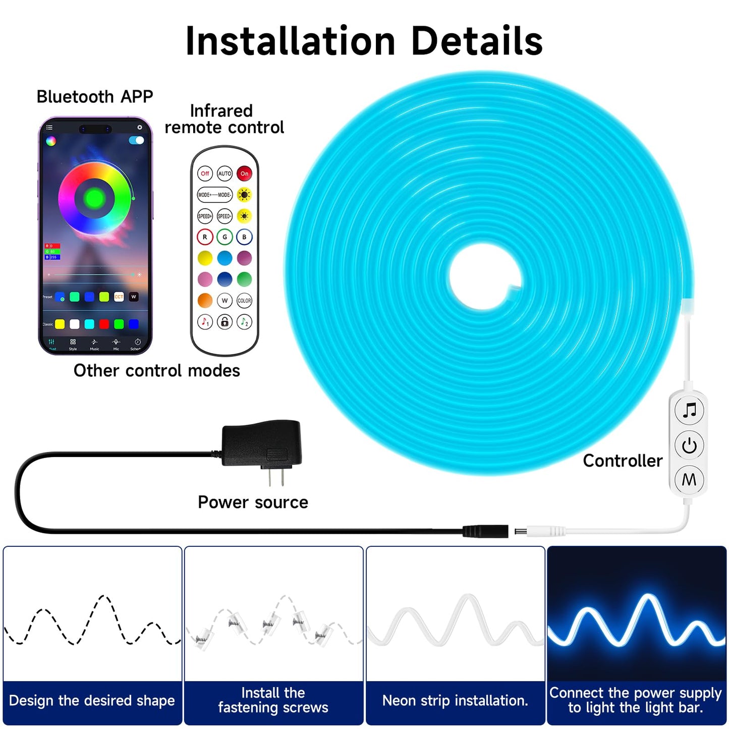 KANTUTOE LED Neon Rope Lights, 19.68ft RGB LED Light Strip, 24V Music Sync App/Remote Control DIY Rope Light, IP67 Waterproof Gaming Neon Strip Lights for Bedroom Indoor Oudoor Décor