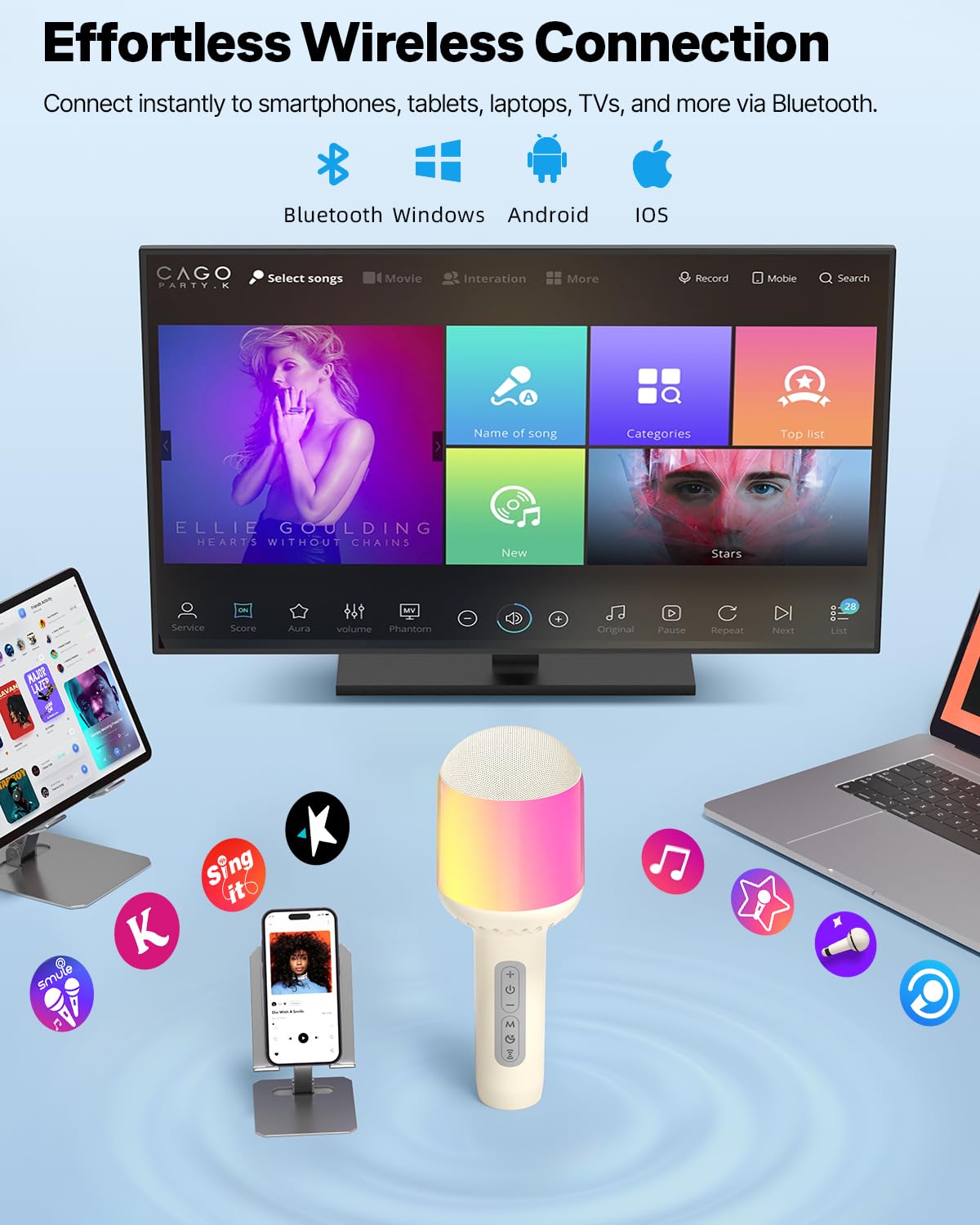 Wireless Bluetooth Karaoke Microphone With Dynamic Lights, Portable Handheld Mic, 6 Sound Effects, 10H Battery, Perfect For Kids