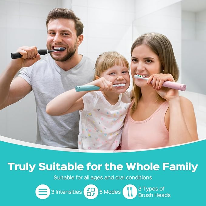 COSLUS Sonic Electric Toothbrush for Adults & Kids: 3 Intensities 5 Modes Gum-Friendly for Deep Cleaning & Whitening - 2 Types of Heads for Family, Sensitive Teeth, Braces, Travel & Home Use, Purple