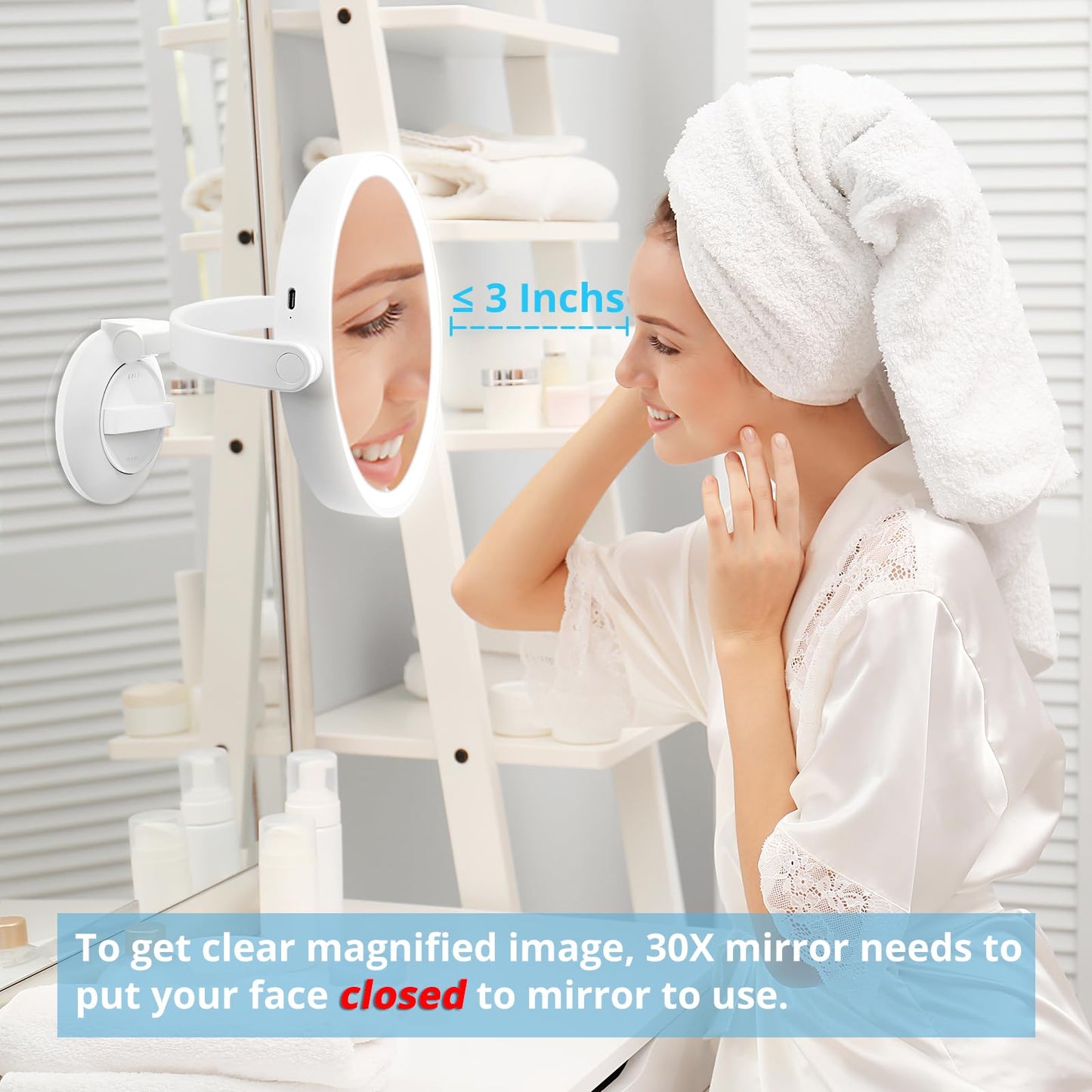 Fabuday Wall Mounted Magnifying Makeup Mirror with Lights - 1x/30x Double Sided Lighted Magnification Mirror with Suction Cup, R