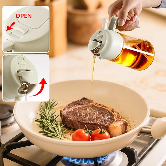16oz/470ml Oil Dispenser and Oil Sprayer, Glass Olive Oil Pourer for Kitchen, Air Fryer, Cooking, Salad, BBQ (White)