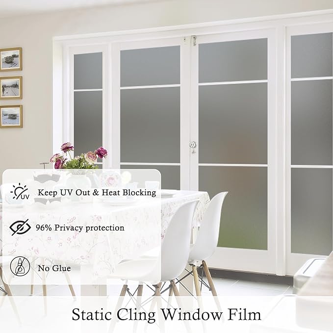 Coavas Window Privacy Film Frosted Glass Static Cling UV Sun Blocking Heat Control Window Tint Day and Night Insulation Home Bathroom Door Decorative Frosting Cover, 23.6 x 118.1 Inch, Gray