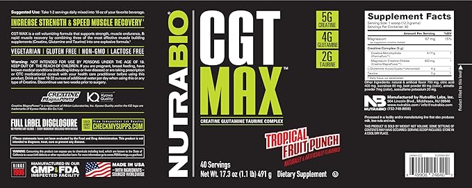 NutraBio CGT-MAX Powder- Creatine, Glutamine and Taurine to Support Muscle Recovery and Strength - 40 Servings - Tropical Fruit Punch…