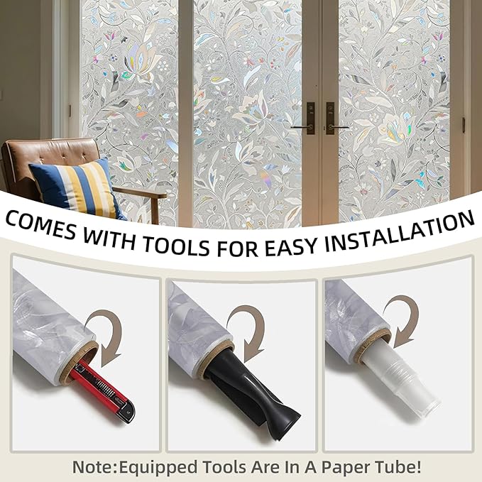 Frosted Glass Window Privacy Film Decorative, Bathroom Window Privacy Film for Glass Windows Cover, Static Cling, Removable, Reusable, Anti-UV, Heat Blocking, with Tools 29x78inch