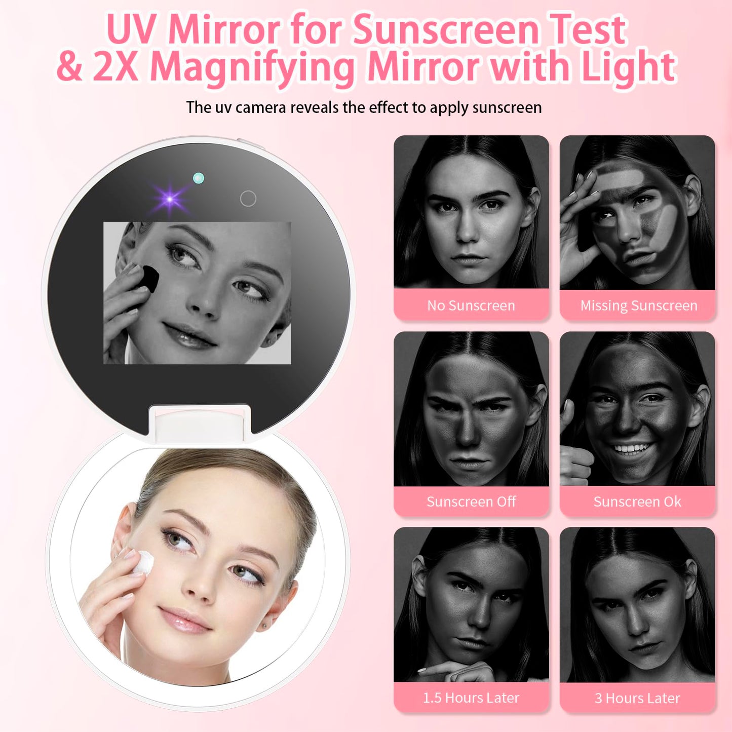 DESCHEN Rechargeable Travel Compact Smart UV Camera UV Mirror for Sunscreen Test, 2X Makeup Mirror with Lights and Magnification