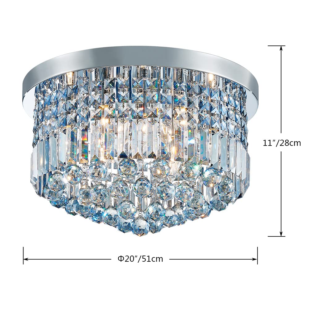 SM Saint Mossi 9 Light Modern K9 Crystal Chandelier, Flush Mount, H 11in x D 20in, Light Blue Crystal & Chrome Finish, Model SM-DY-22017-