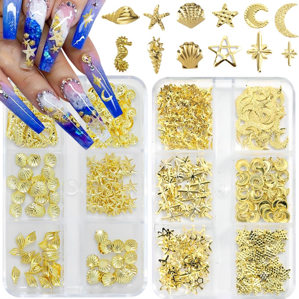 Gold Nail Charms, 2Boxes Gold Star Ocean Nail Gems Charms, Metal Small Star Moon Seashell Starfish Summer Charms for Acrylic Nai