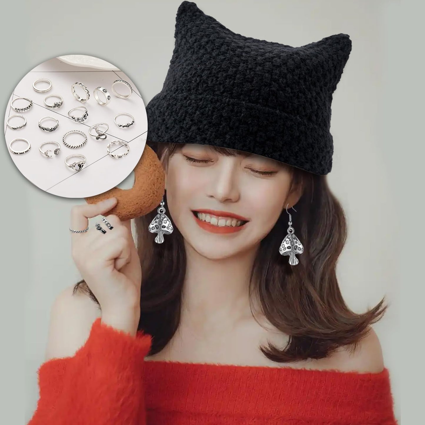 JDRGJTH 27PCS Y2k Jewelry Set Accessories Grunge Knitted Cat Beanie,Fairy Grunge Gloves Gothic Earrings Rings Therian Accessories Set,Grunge Y2K Emo Jewelry Party Costume Accessories Gift for Women