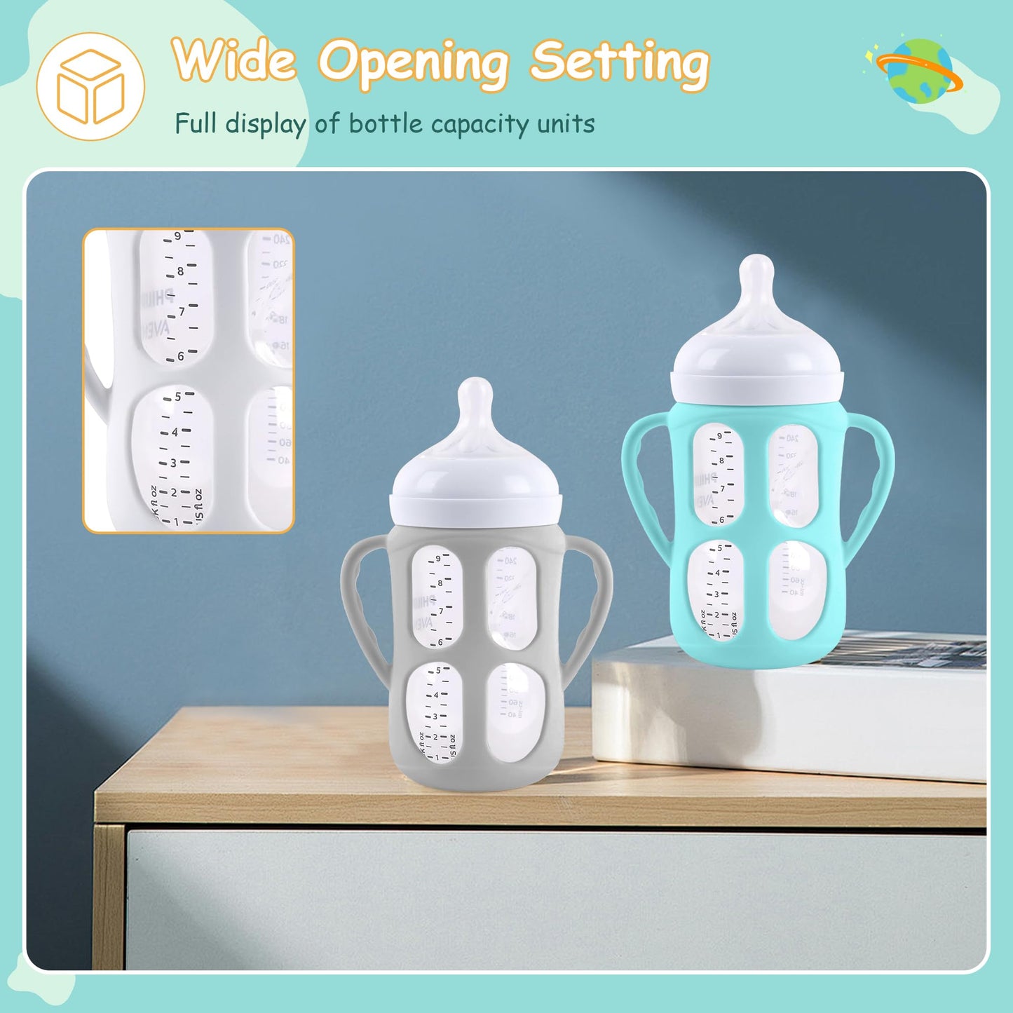 4 Pack Silicone Sleeves with Handles for Philips Avent Natural Baby Bottle 9 oz/8 oz, Avent Glass Bottles Sleeve Easy grip, Anti Breakage Baby Bottle Holder, Compatible with Philips Avent Glass Bottle