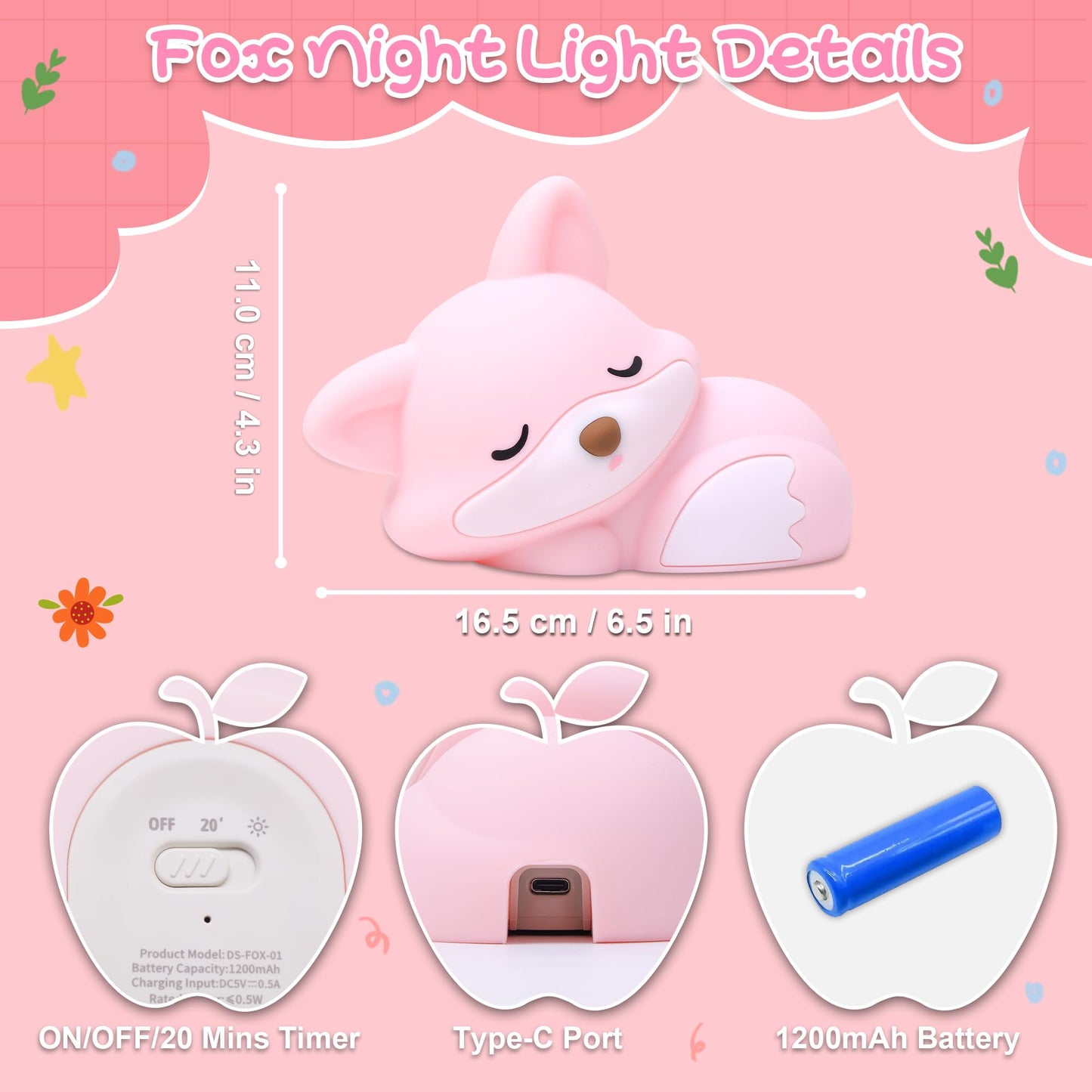 Okayera Fox Lamp For Girls  Pink Silicone Squishy Fox Shaped  20 Mins Auto-Off Rechargeable Dimmable Night Light  Fox Gifts For Nursery Baby Girl Women  Christmas Idea