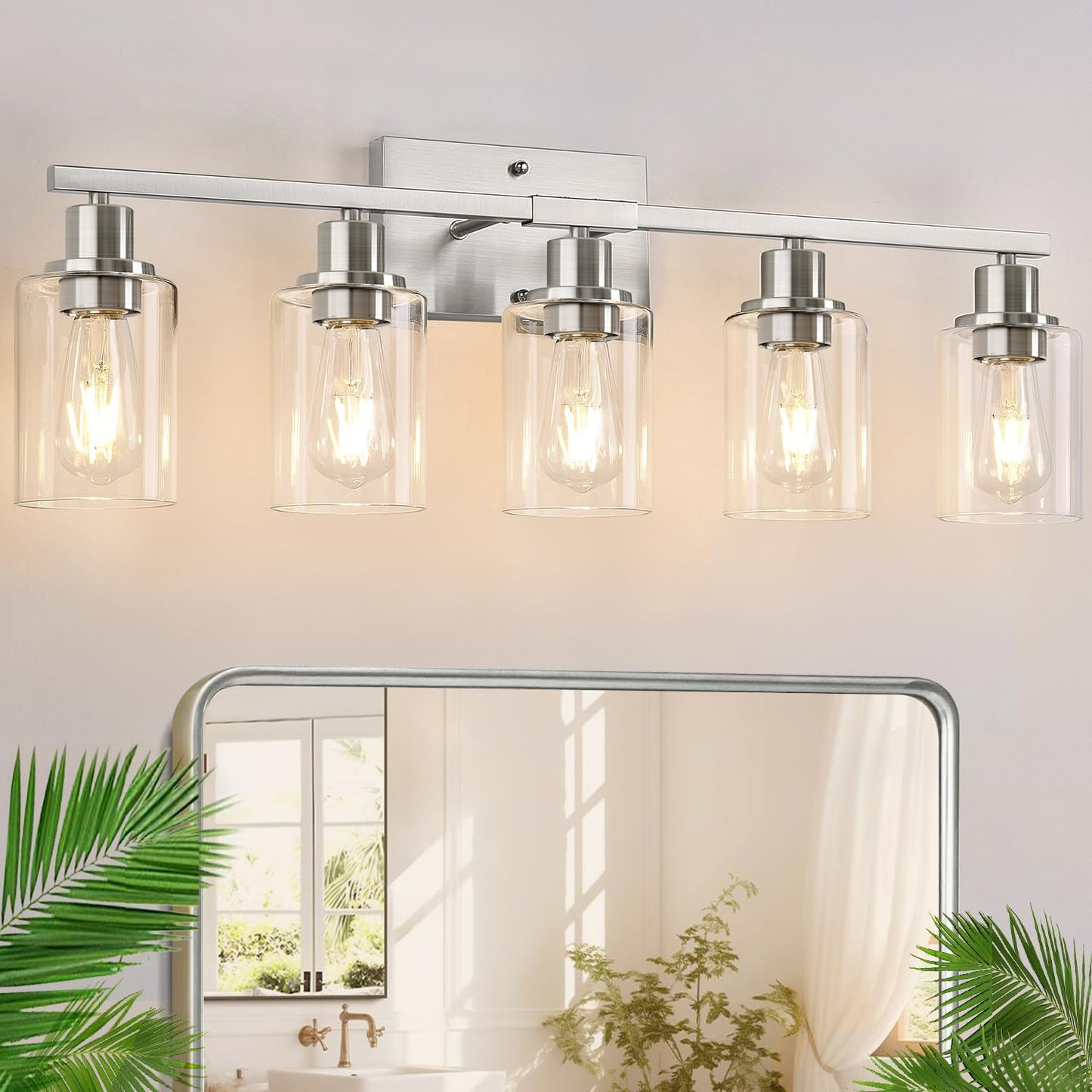 Indoi 5-Light Bathroom Vanity Light, Brushed Nickel with Clear Glass Shades, Model LTW070