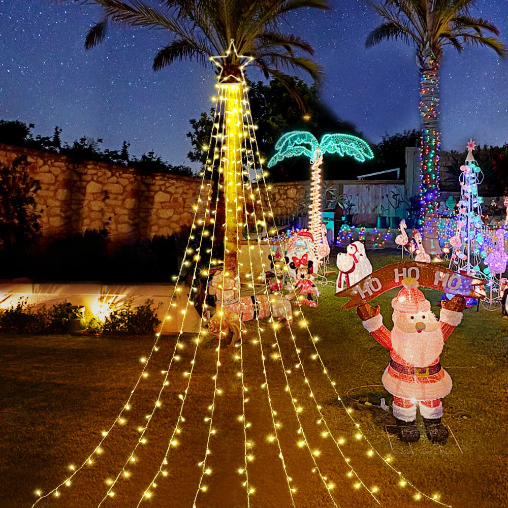FUNIAO Christmas Decoration Lights, 320 LED Waterfall String Lights with 12in Star Topper, Warm White, Model YLS1000WD01