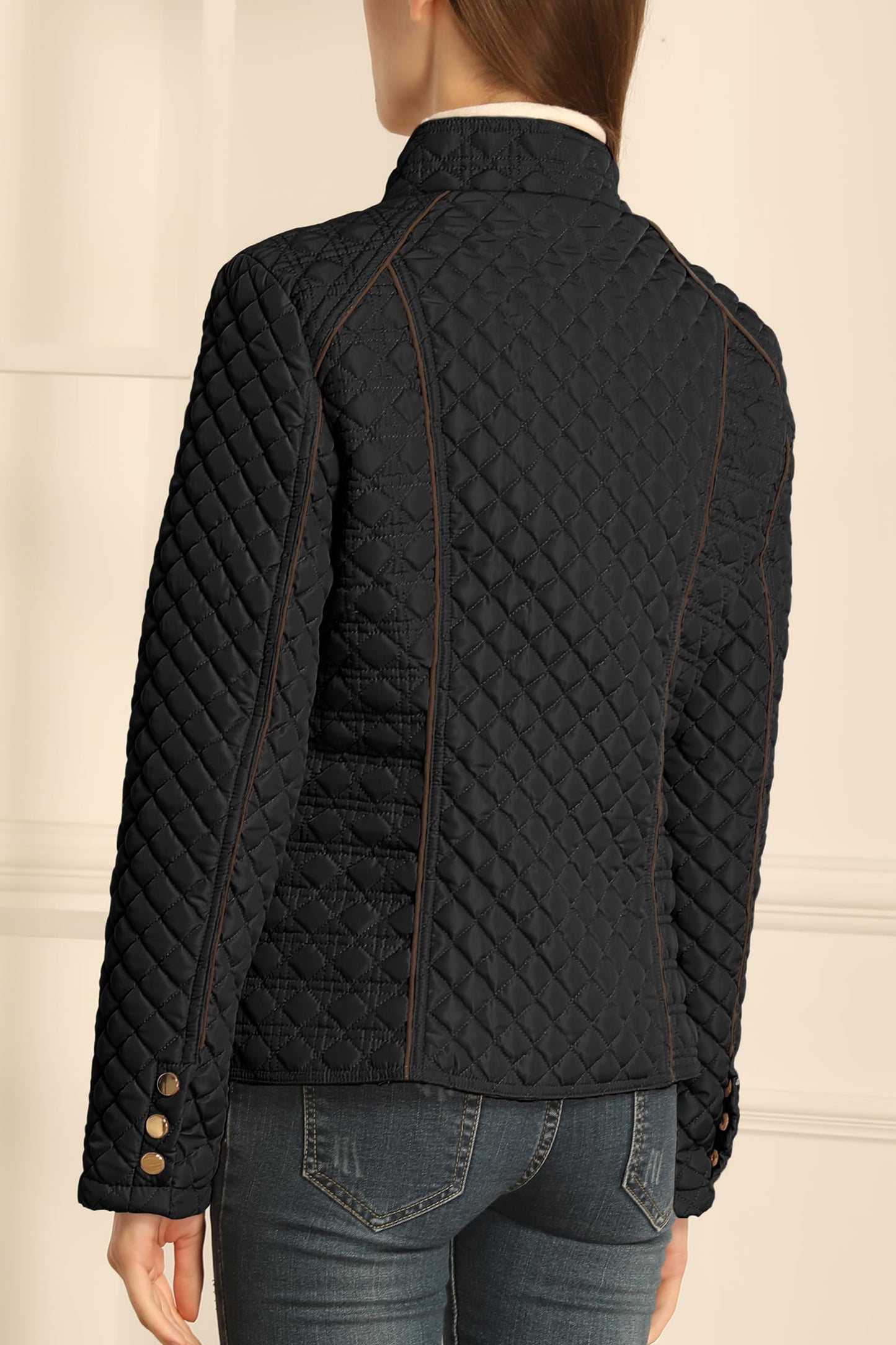 Bellivera Women's Stand Collar Lightweight Quilted Puffer Jacket Padded Zip Coat for Spring and Winter 087 black S