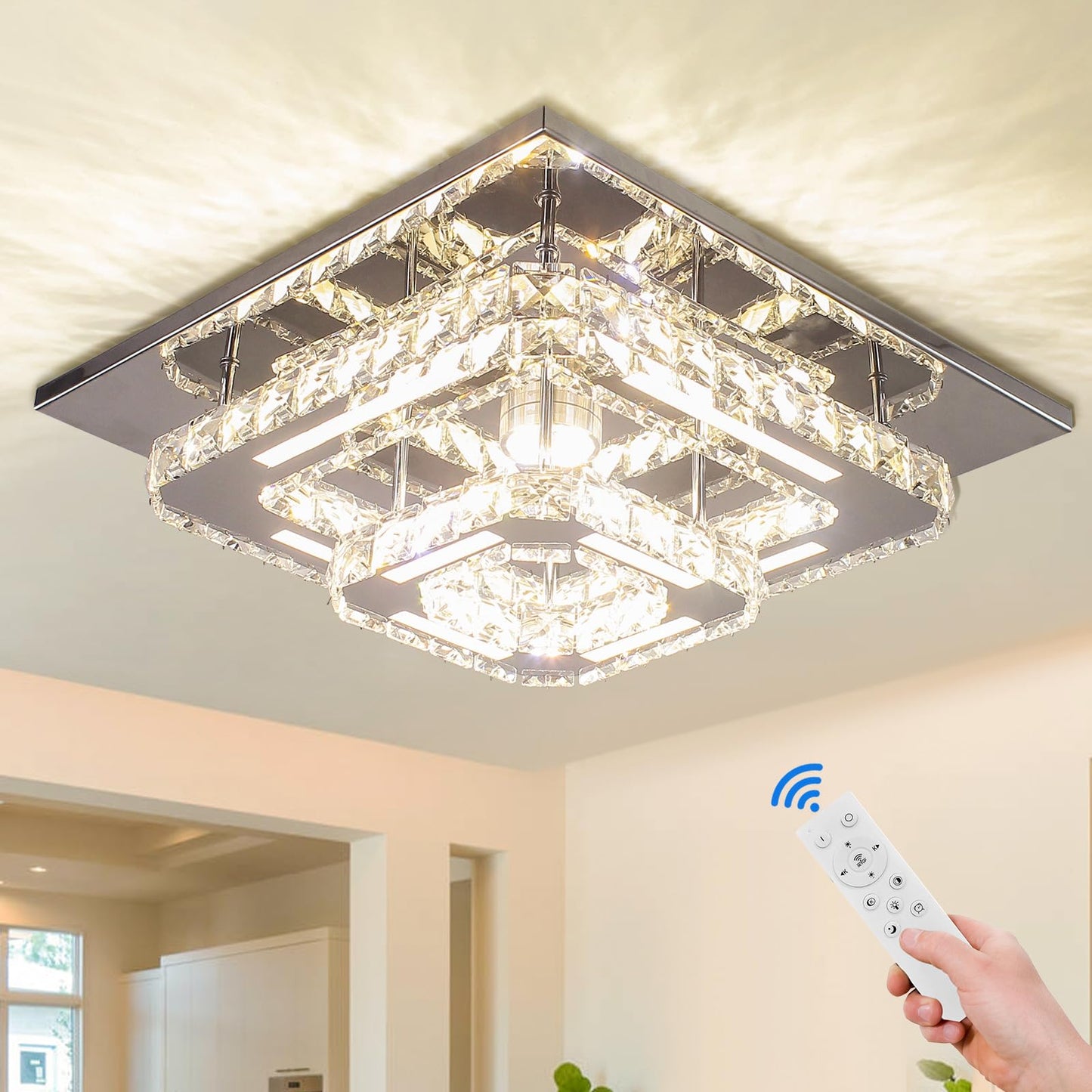 Cxgleaming Modern Crystal Chandelier - 12 Flush Mount Ceiling Light Fixture With Remote Control - Dimmable Led Chandelier For Bedrooms Living Rooms Closet Hallways Bathroom