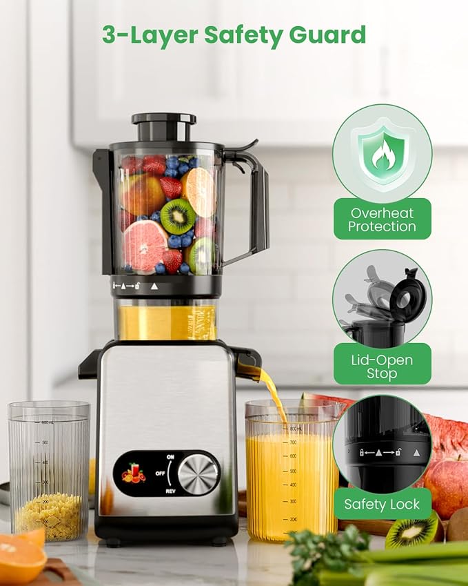 Kismile Cold Press Juicer, Slow Masticating Juicer Machines Vegetable and Fruit, Electric Juicers Juice Maker with Reverse Function, Stainless Steel Juicer Easy to Clean, 4.35" Wide Feed Chute