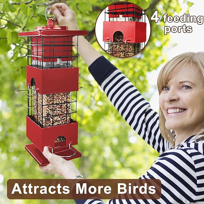 Squirrel Proof Bird Feeder, 3LBS Large Capacity Hanging Bird Feeders for Outdoors, Weight-Activated Perches Metal Anti-Squirrel Birdfeeder for Blue Jay, Cardinal, Outside (Red)