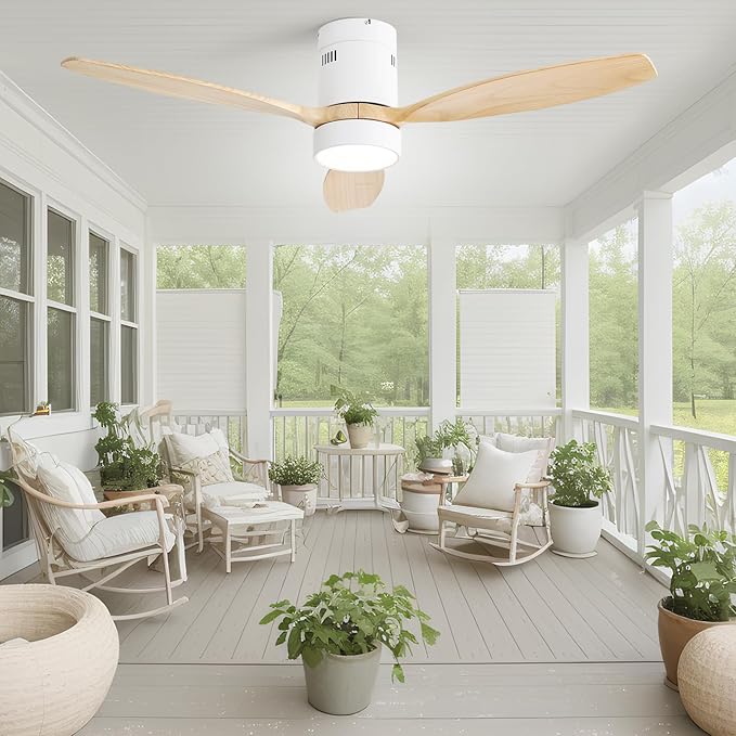 Sofucor 52 Inch Low Profile Ceiling Fan with Lights Remote Control Wood Blades Reversible DC Motor Modern Ceiling Fan for Kitchen, Bedroom, Basement, Dining, Living Room, Light Wood