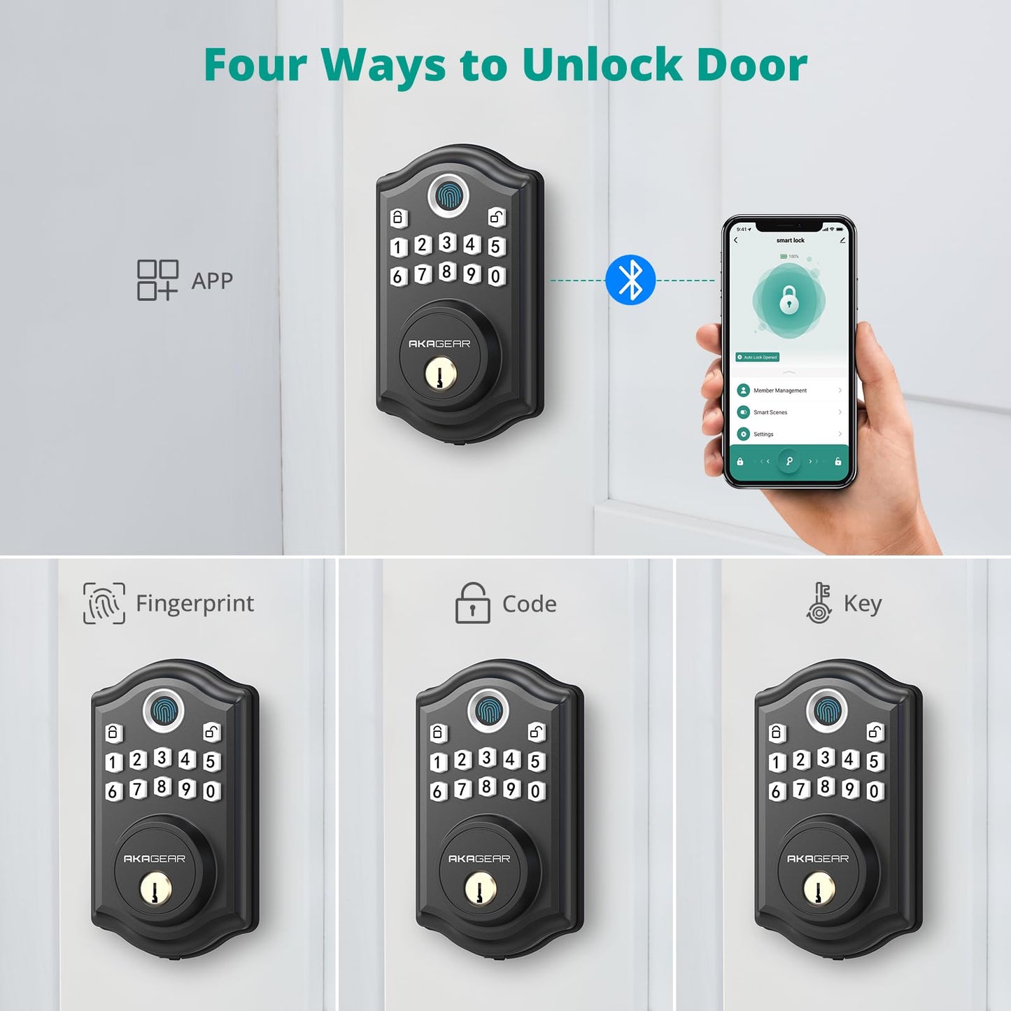 AkaGear DS10 Pro Keyless Entry Door Lock with Handle - 2 Lever Handles, Bluetooth APP Control, Fingerprint Door Locks, Electronic Keypad Deadbolt Lock, Smart Doors Lock, Auto-Lock, Matte Black