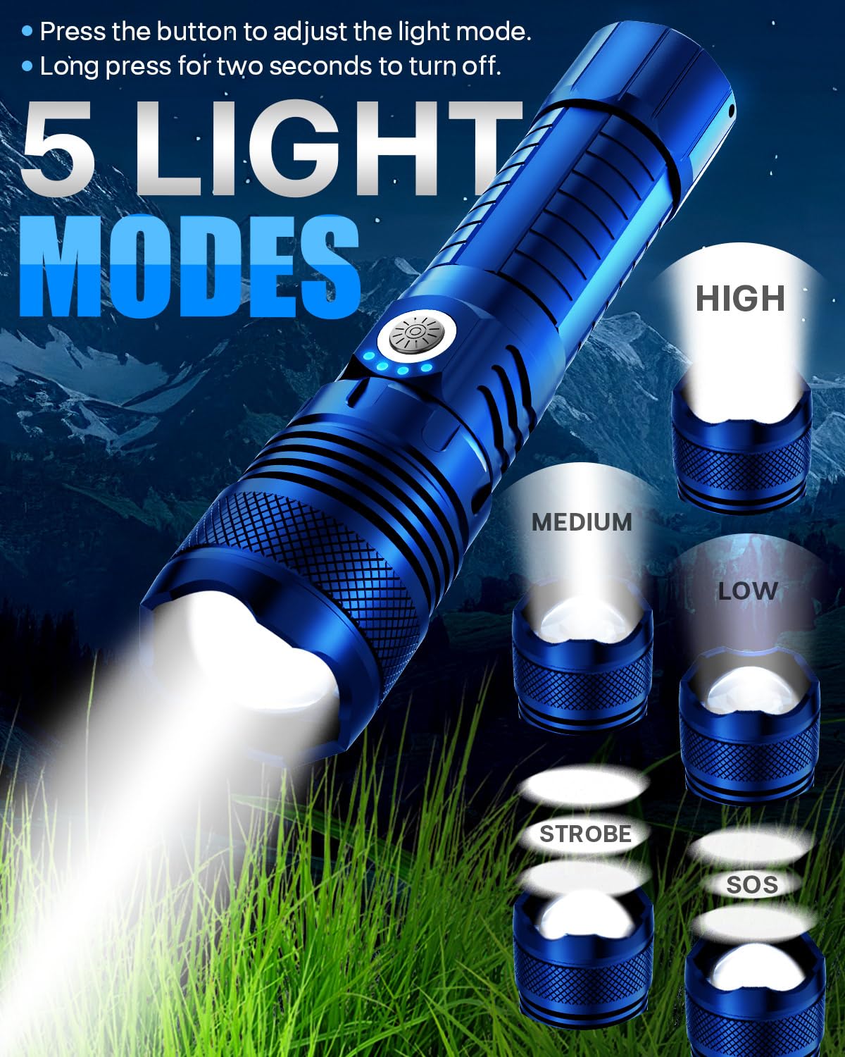 Victoper Blue LED Tactical Flashlight, Rechargeable, 5 Modes, Zoomable, Waterproof, P50 1 Pack