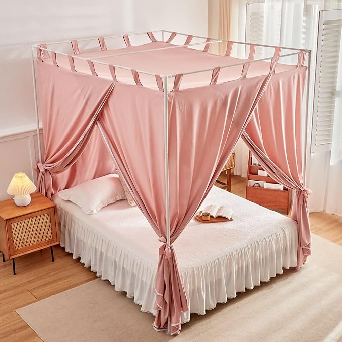 AIKASY Bean Paste Canopy Bed Curtains with Top Ties and Tie Backs for Bedroom Decoration - Twin Size Bed Curtains with Windproof and Lightproof Features
