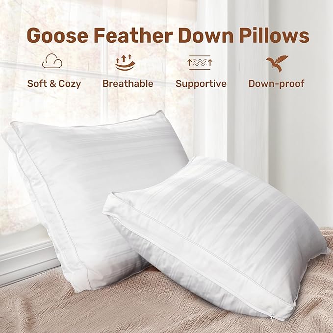 UNIKOME Goose Feathers and Down Pillows with 2 Gusseted Outer Protectors, White Cotton Fabric Bed Pillows for Back Stomach Side Sleepers, Standard/Queen, 20 x 28 inches, Pack of 2