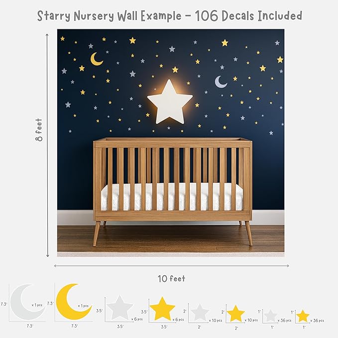 Nursery Night Light – Dimmable Star Wall Light for Newborns & Toddlers Nursery Decor – Rechargeable LED Light with Touch Control for Kids' Safety (Moon & Stars Decals Included)