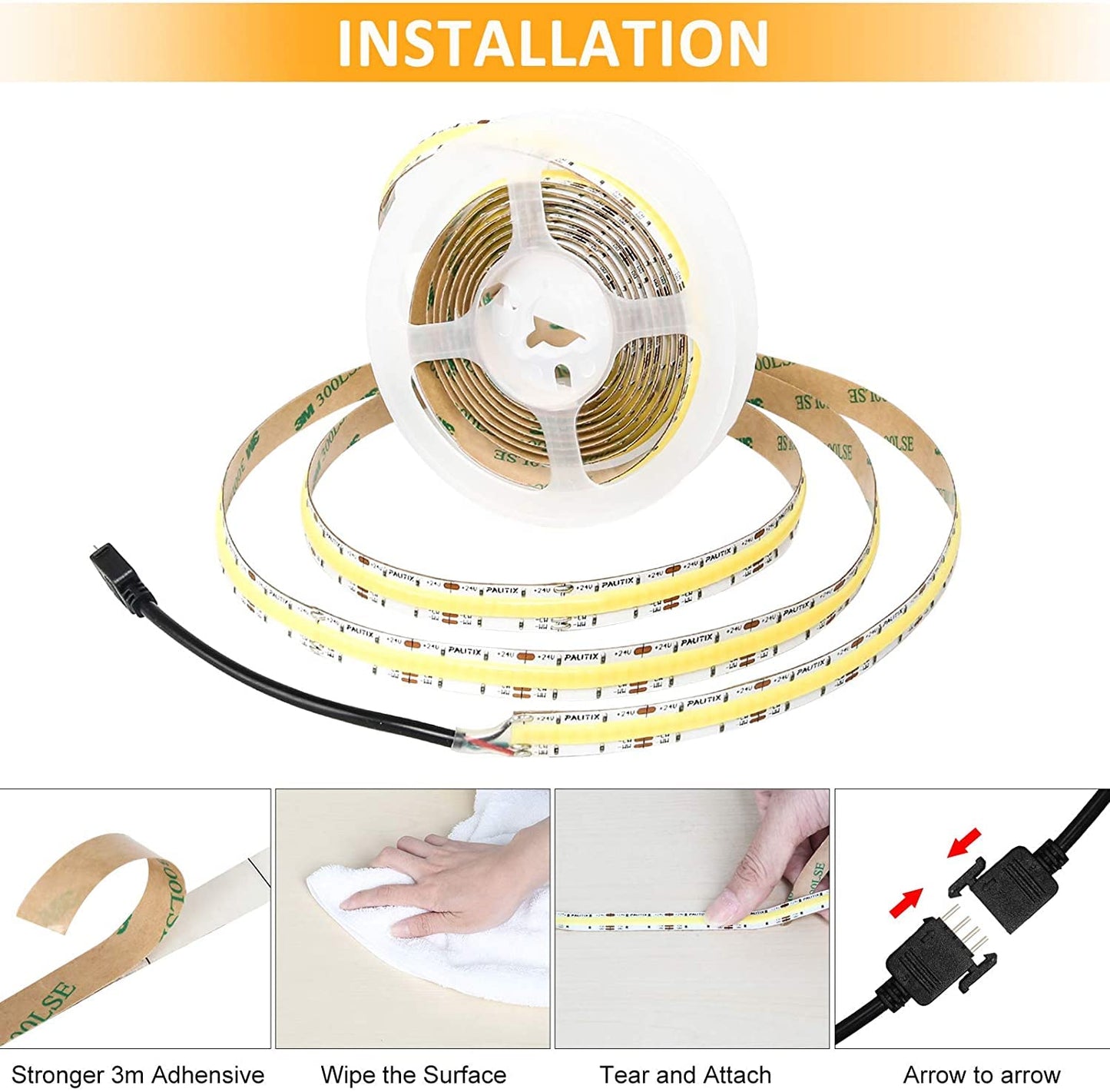 Pautix Cob Led Strip Light White Cct Tunable 6400Leds Cri90+ 32.8Ft/10M Dimmable 2700K-6500K 24V Led Tape Light For Under Cabinet Bedroom Kitchen Tv Mirror Diy Lighting(Adapter & Dimmer Not Included)