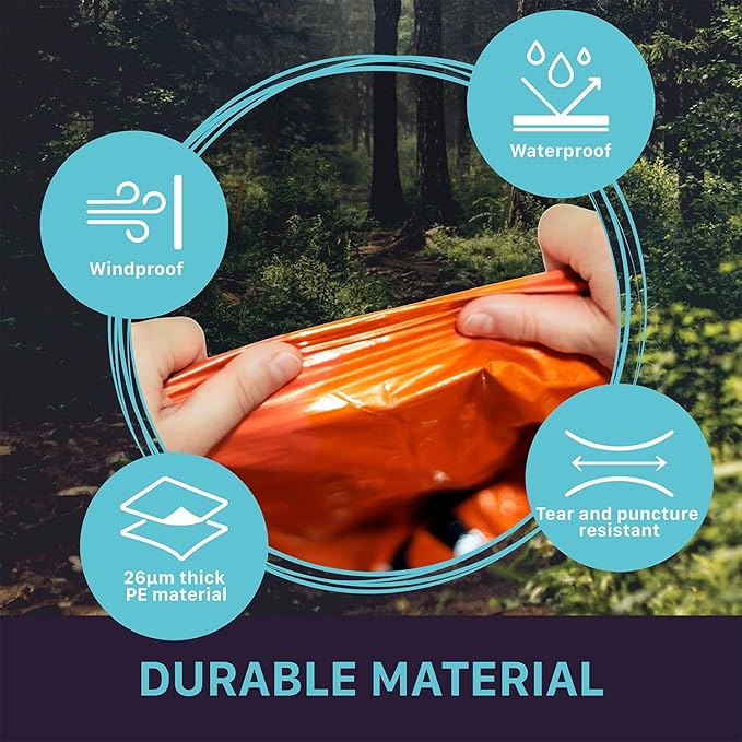 FosPower Emergency Sleeping Bag, Tough and Durable Mylar Thermal Sack with Survival whistle for Survival Kits, Camping Accessories, Outdoors, Hiking