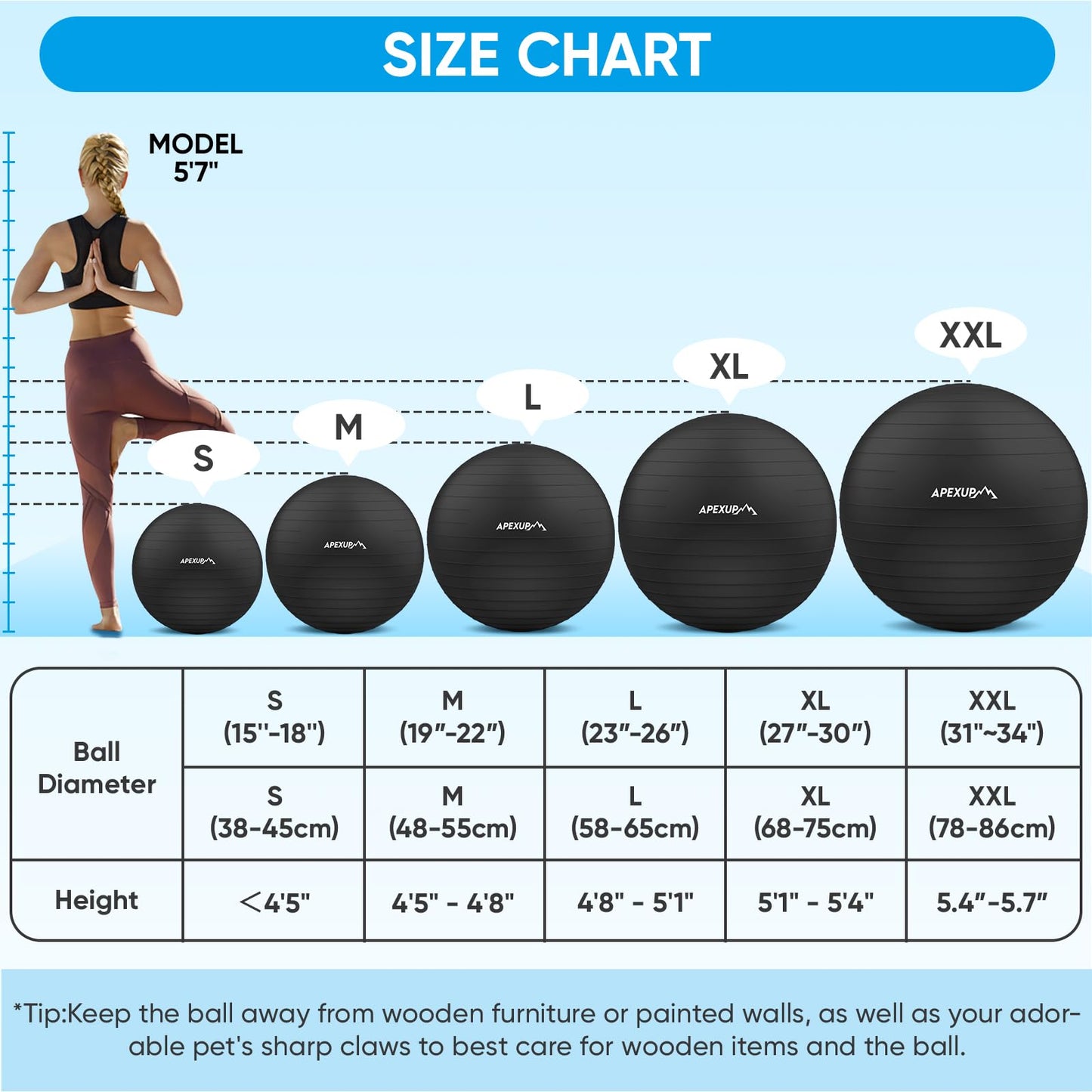 APEXUP Yoga Ball Exercise Ball, Anti Slip Stability Ball Chair, Heavy Duty Large Gym Ball for Fitness, Balance, Core Workout and Physical Therapy (L (23"~26") 65cm, Black)