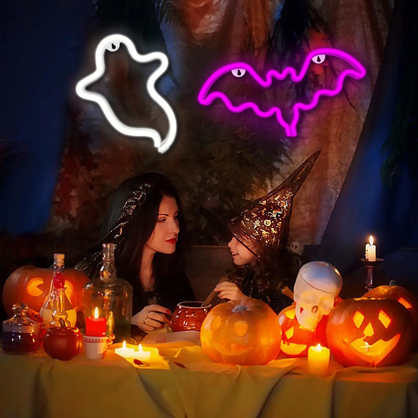 Innovtools 2 Pack Halloween Neon Sign  White Ghost And Pink Bat Neon Lights For Wall Decor  Usb Or Battery Powered Led Halloween Decorations Light Up Sign For Bedroom Window Party Kids Gift
