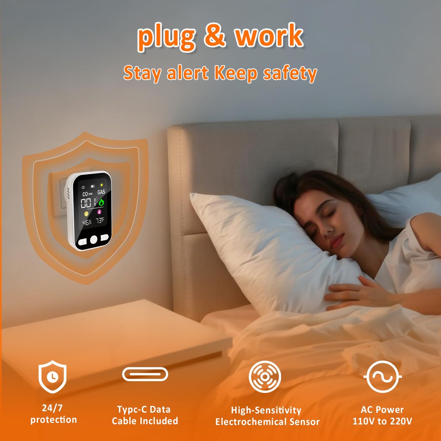 4-in-1 Upgraded Natural Gas Leak Detector, Plug-in Carbon Monoxide Detectors, CO & Gas Detector with Temperature & Humidity, Portable Gas Leak Detector for Home, Kitchen, RV, Travel