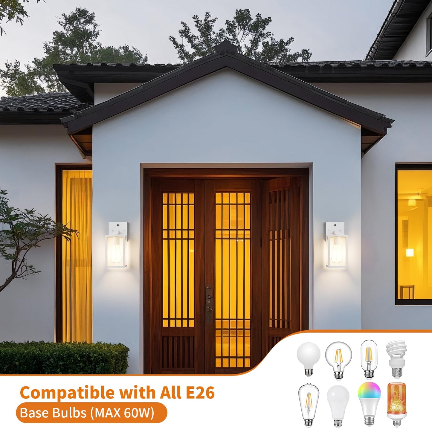 2 Pack White Dusk To Dawn Front Porch Lighting Fixtures Wall Mount  Sensor Outside Exterior Lights For House  Outdoor Lantern Lamp  Waterproof Wall Sconce Lights  Black Coach Light For Garage Entryway