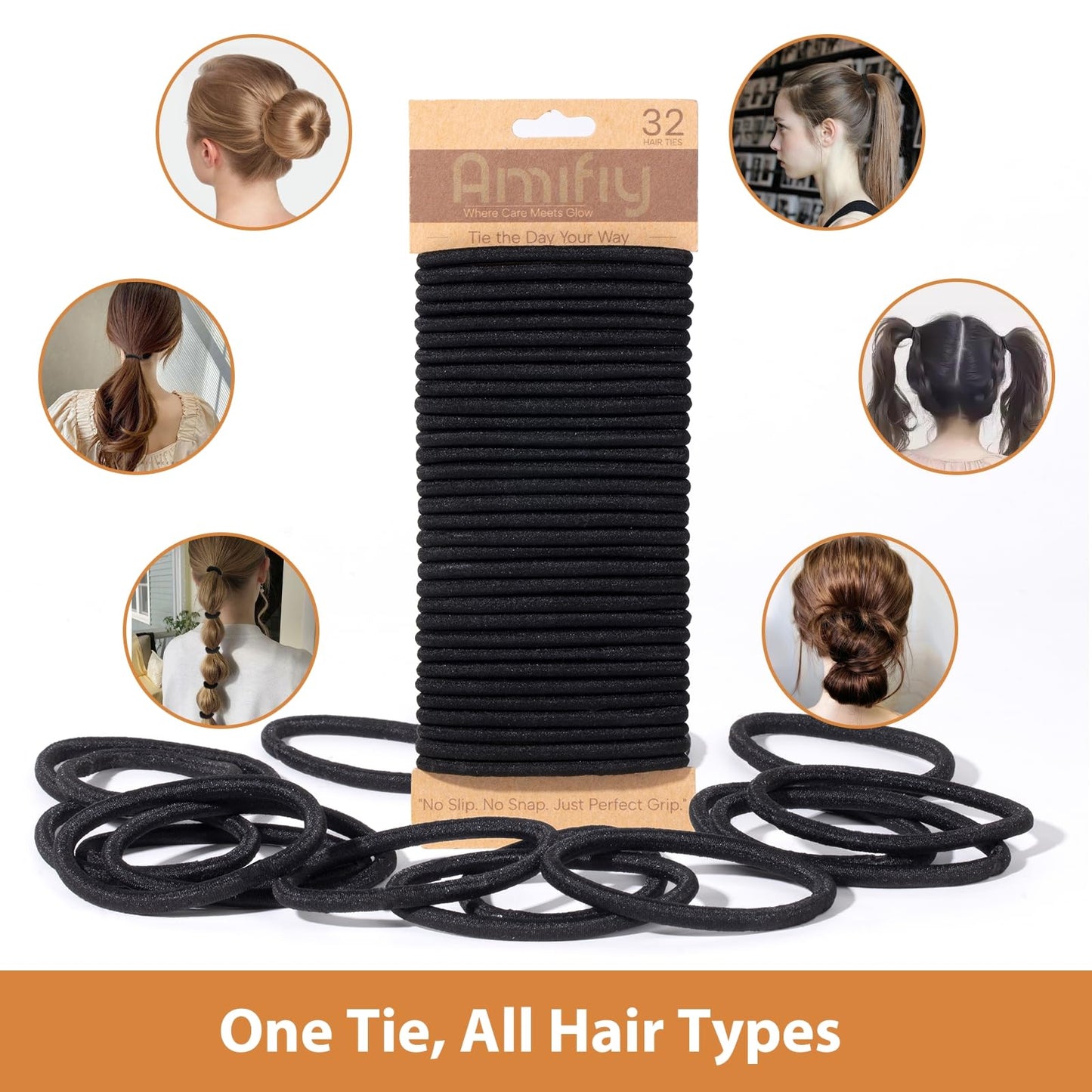 Amifiy Black Hair Ties No Damage, Organic Ponytail Holders Hair Accessories for Women & Men, 4mm Hair Elastics Fits All Hair Typ