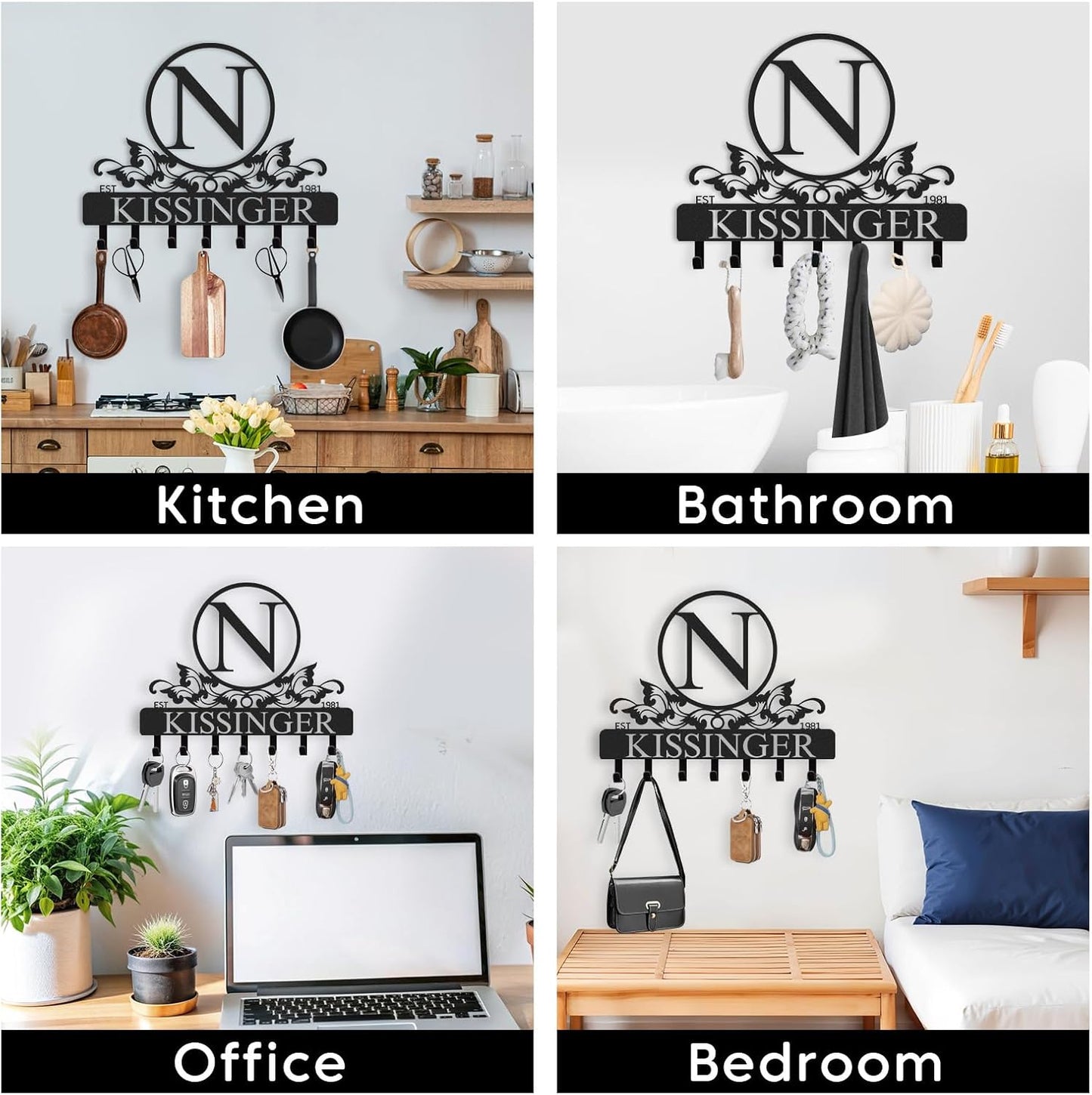 Personalized Key Holder for Wall, Key Holder Wall Mount, Custom Name Coat Rack, Background Letter Theme Wall Decoration for Bedroom Kitchen Entryway Hallway Front Door, Housewarming Gifts