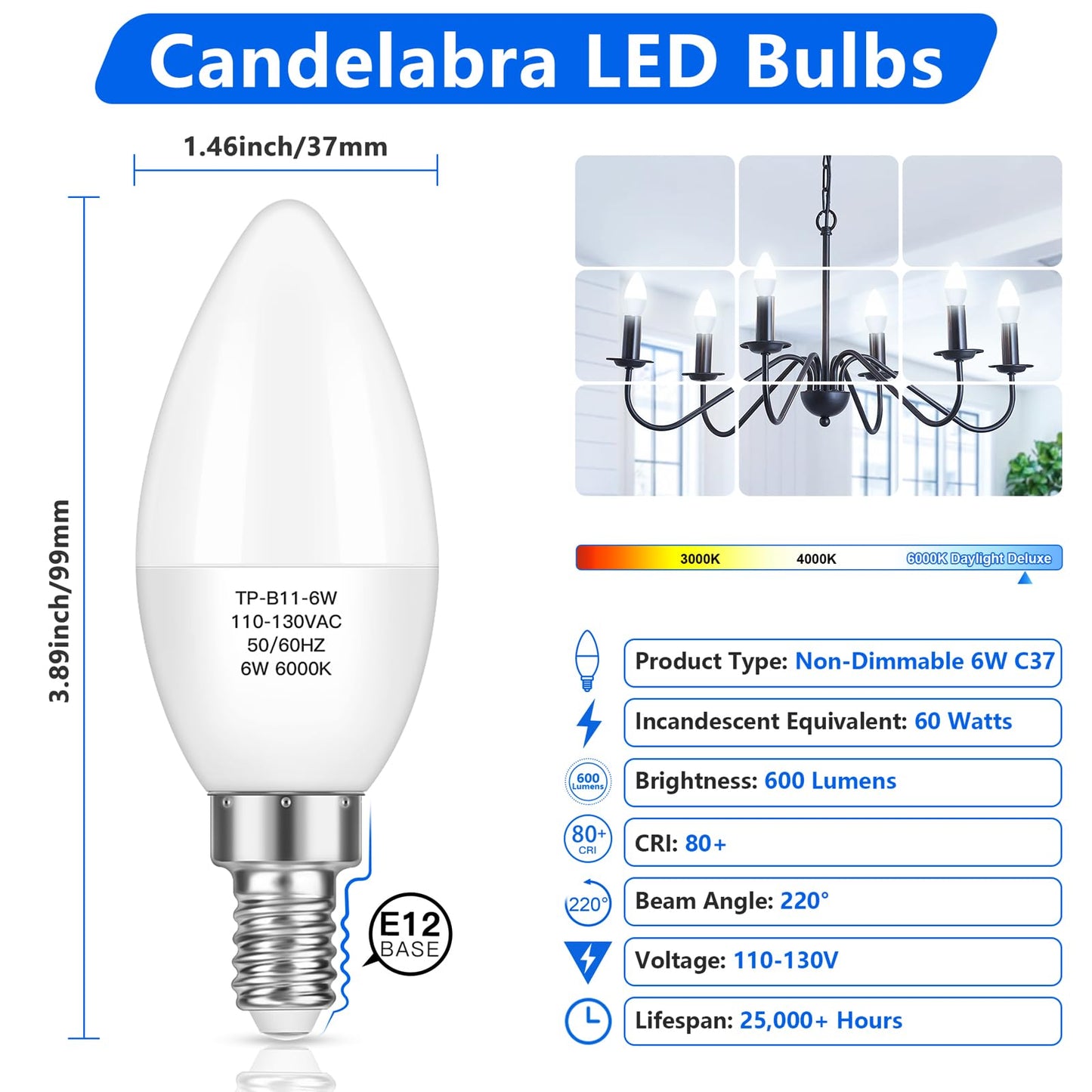 Maxvolador E12 Candelabra Led Bulbs 60W Equivalent, 6W 600 Lm, Cool White, 12-Pack, Non-Dimmable, B11 Candle Base